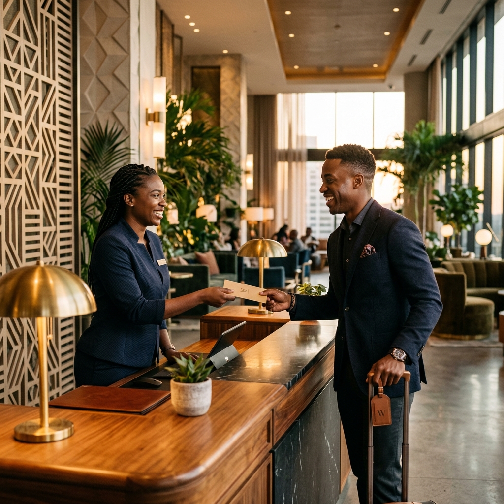 Hotel concierge warmly greeting a guest at a modern front desk